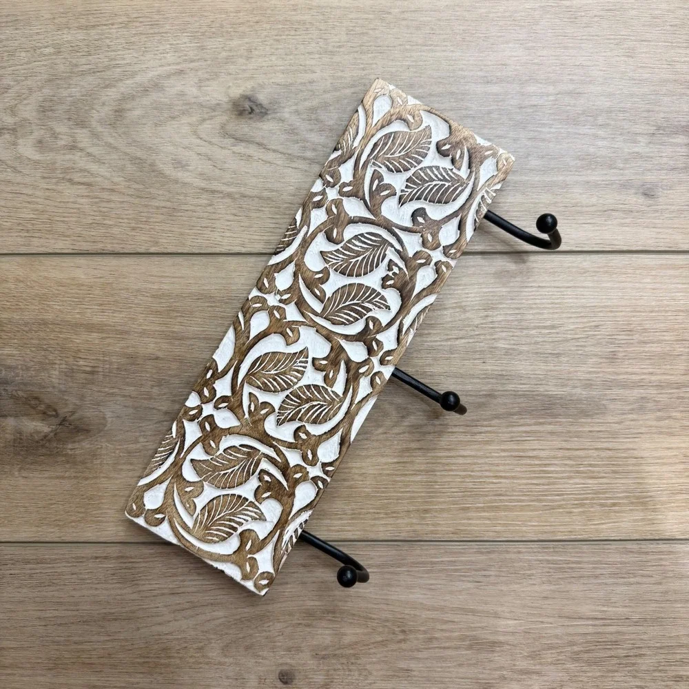 Carved Wood Wall Hook Rack 3 Hooks White Wash Boho Botanical Leaf 12 Inch